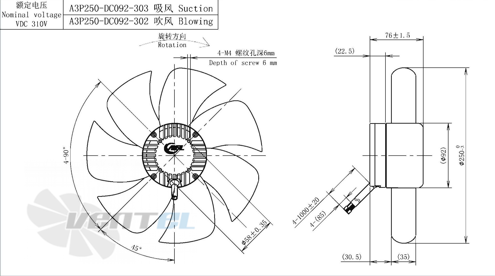 Габаритные размеры AFL A3P250-DC092-303 0.13 кВт осевой AC