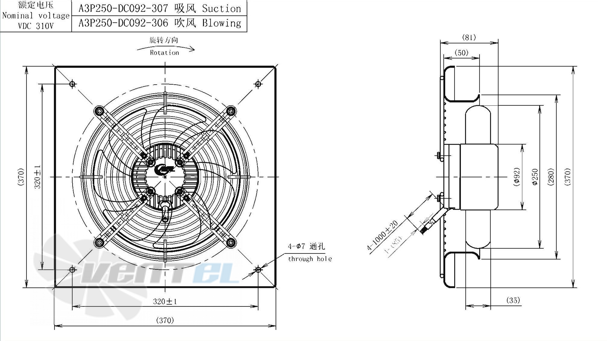 Габаритные размеры AFL A3P250-DC092-306 0.13 кВт осевой AC