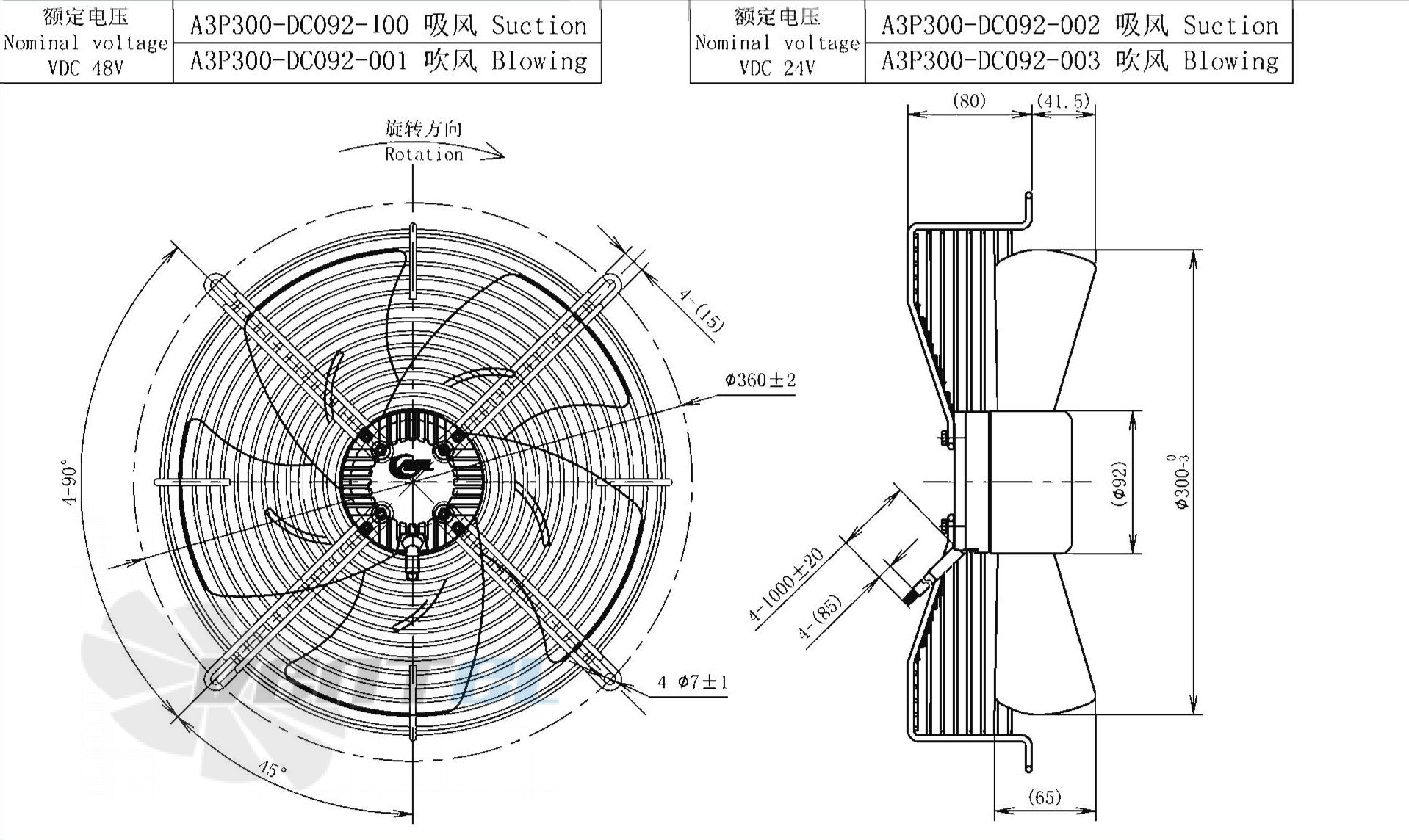Габаритные размеры AFL A3P300-DC092-100 0.095 кВт осевой AC