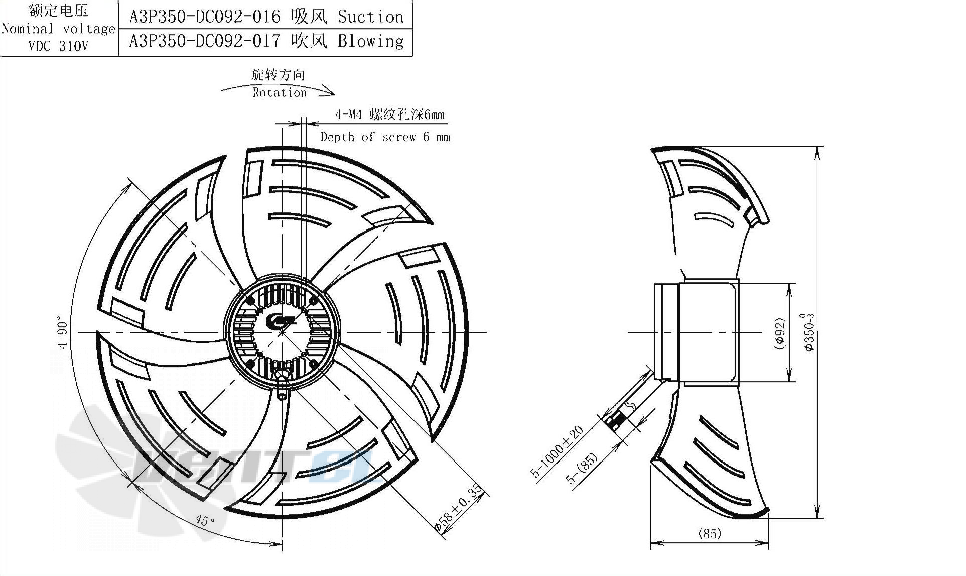 Габаритные размеры AFL A3P350-DC092-016 0.17 кВт осевой AC