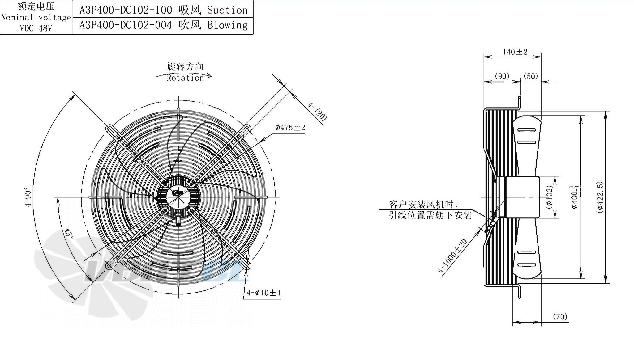Габаритные размеры AFL A3P400-DC102-100 0.28 кВт осевой AC