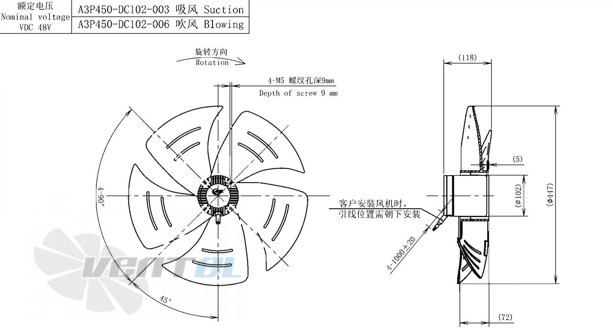 Габаритные размеры AFL A3P450-DC102-006 0.26 кВт осевой AC
