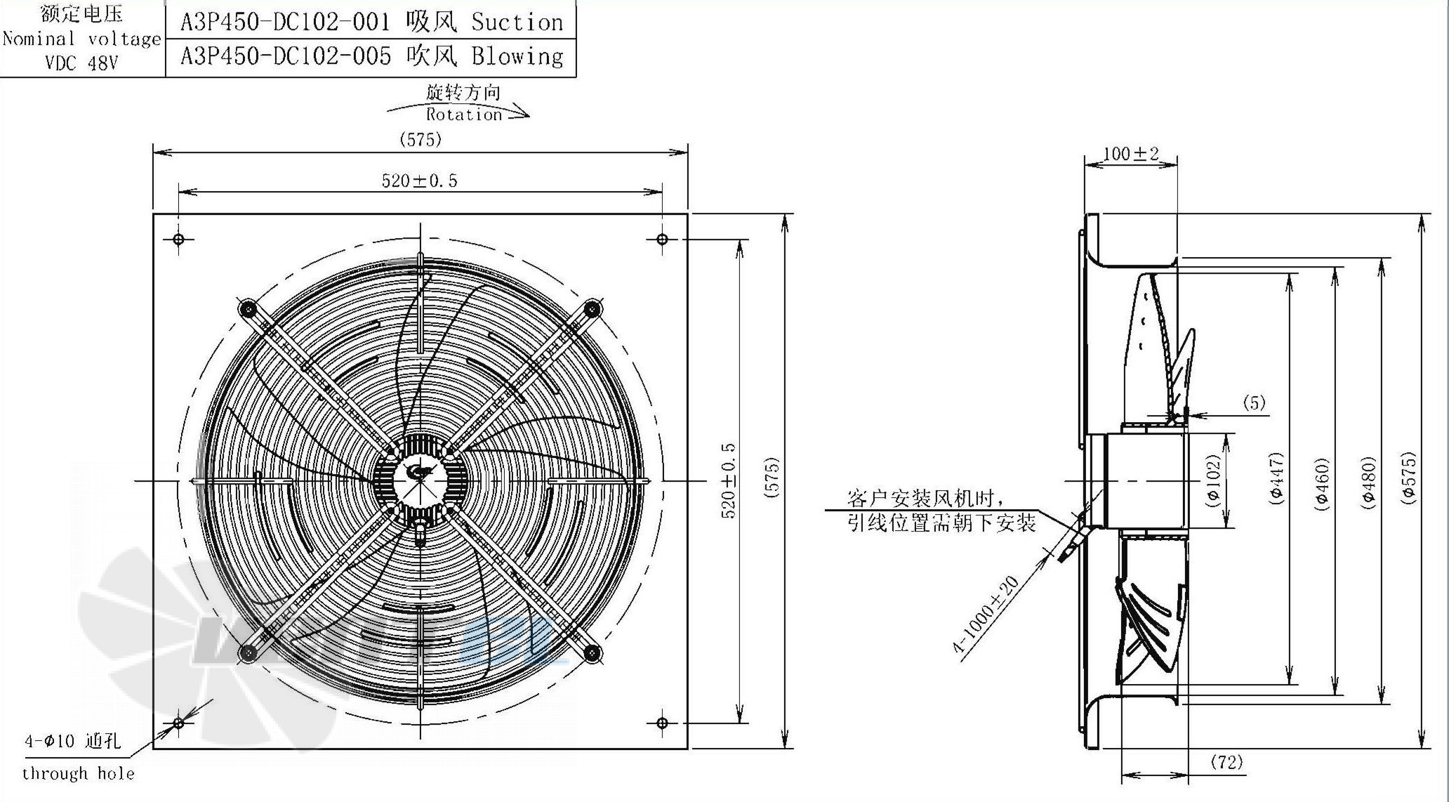 Габаритные размеры AFL A3P450-DC102-005 0.26 кВт осевой AC