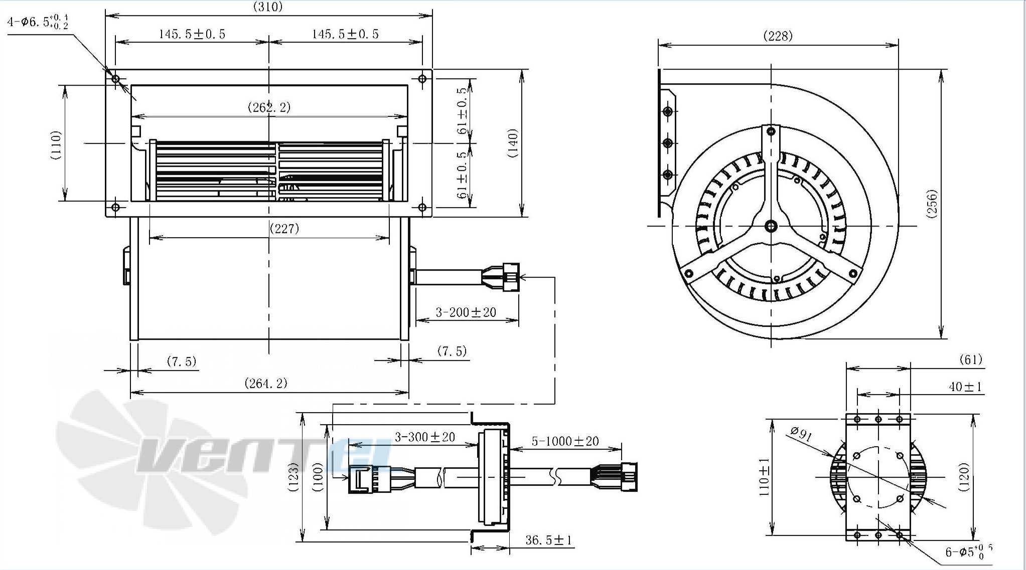 Габаритные размеры AFL F3P160-DC092-060 0.1 кВт с вперед загнутыми лопатками AC