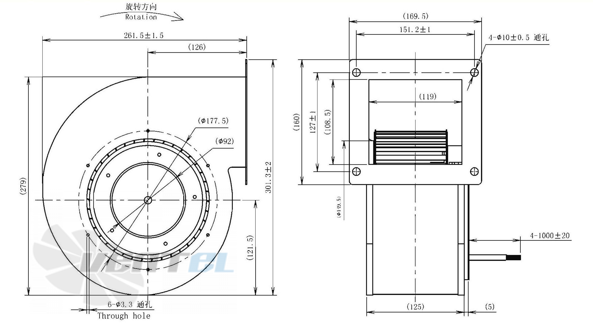 Габаритные размеры AFL F3P180-DC092-100 0.09 кВт с вперед загнутыми лопатками AC