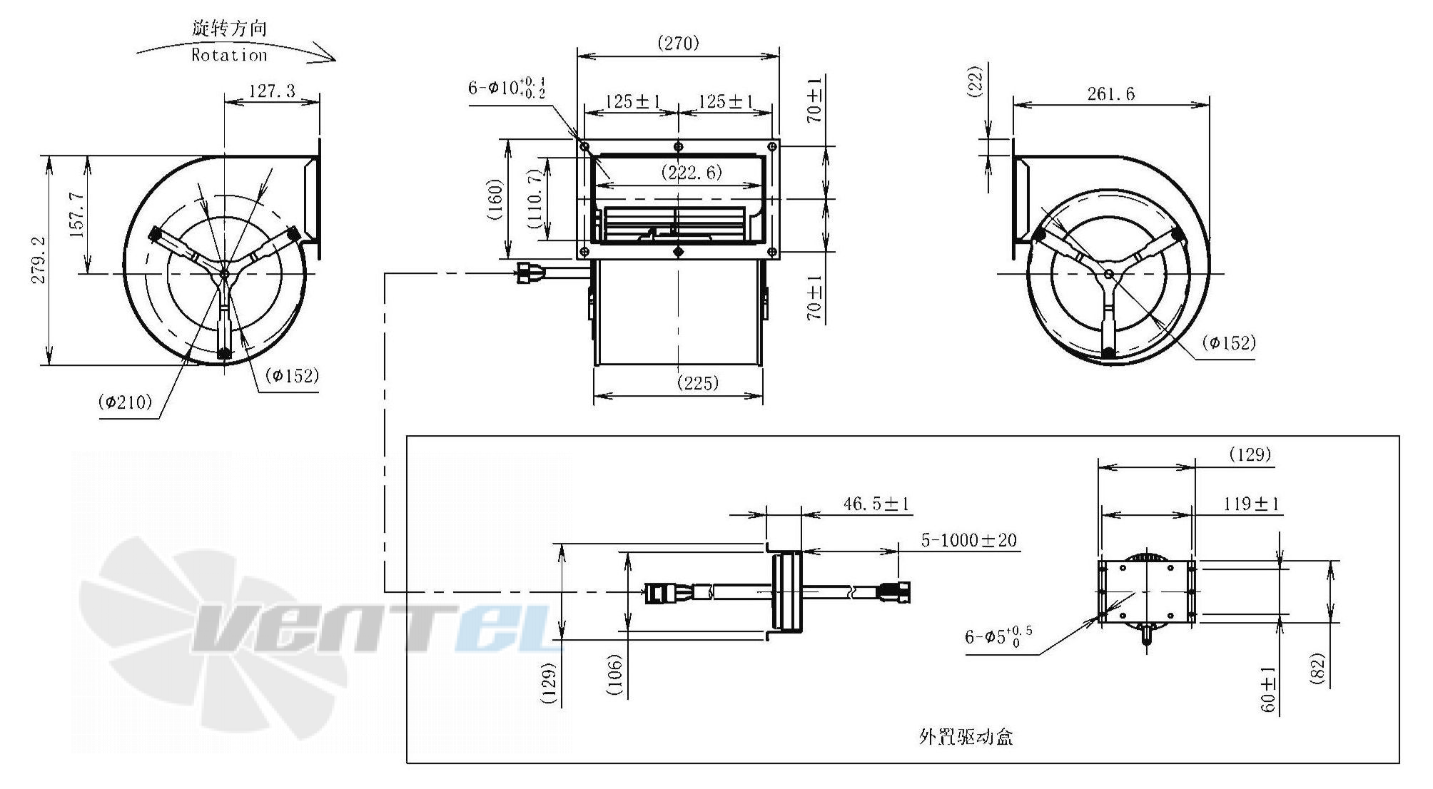 Габаритные размеры AFL F3P180-DC102-006 0.2 кВт с вперед загнутыми лопатками AC