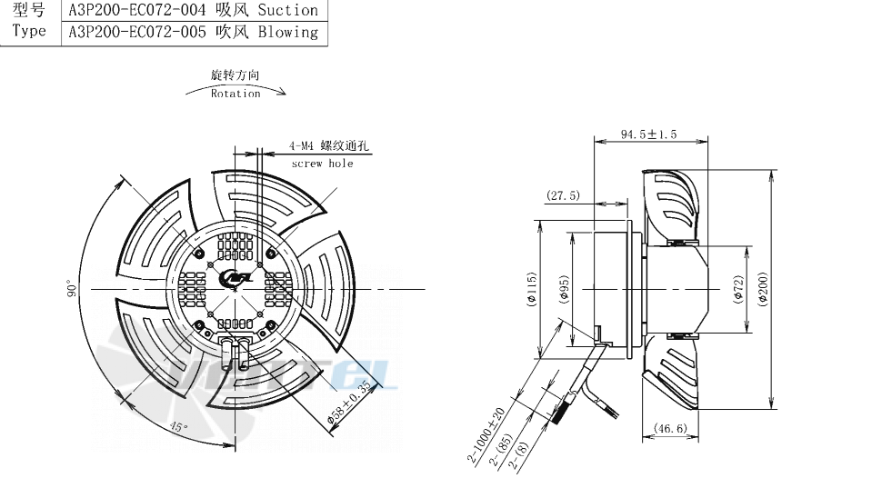 Габаритные размеры AFL A3P200-EC072-005 0.08 кВт осевой EC