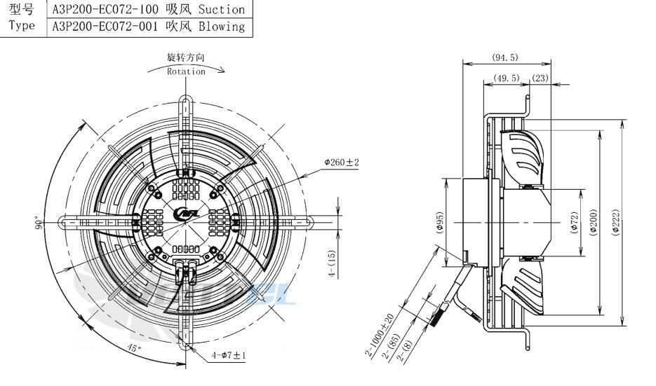 Габаритные размеры AFL A3P200-EC072-100 0.08 кВт осевой EC