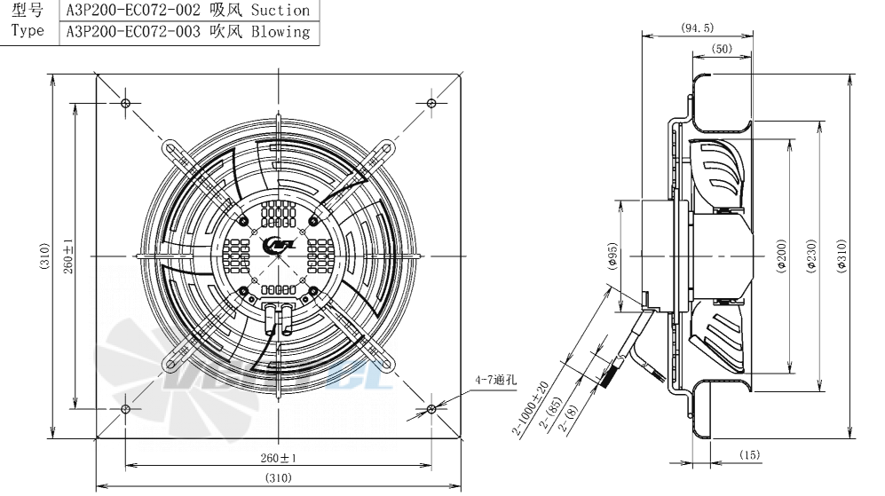 Габаритные размеры AFL A3P200-EC072-003 0.08 кВт осевой EC
