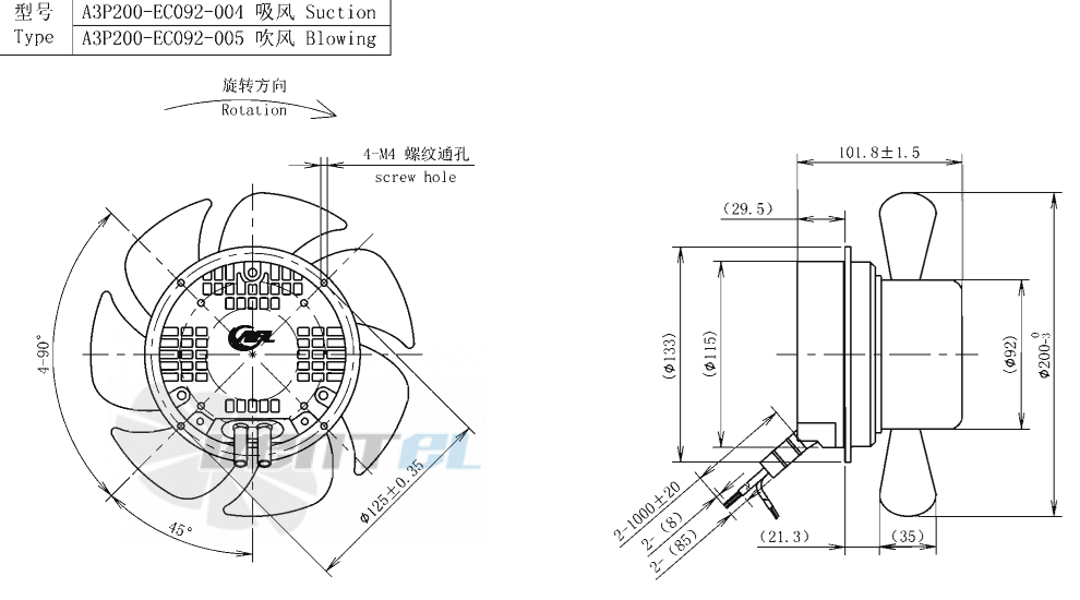 Габаритные размеры AFL A3P200-EC092-005 0.055 кВт осевой EC