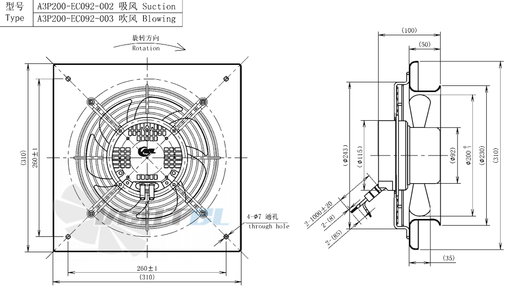 Габаритные размеры AFL A3P200-EC092-003 0.055 кВт осевой EC