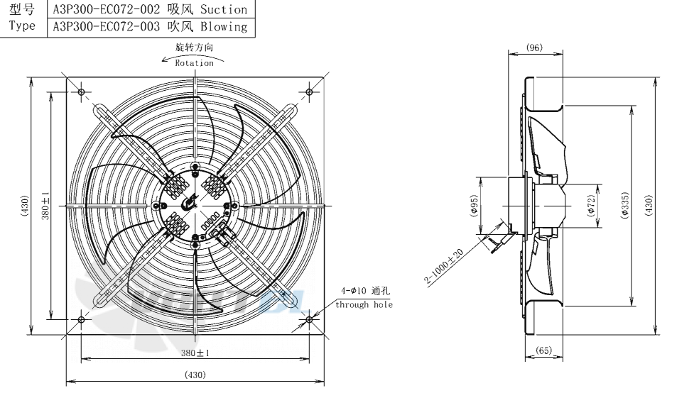 Габаритные размеры AFL A3P300-EC072-003 0.1 кВт осевой EC