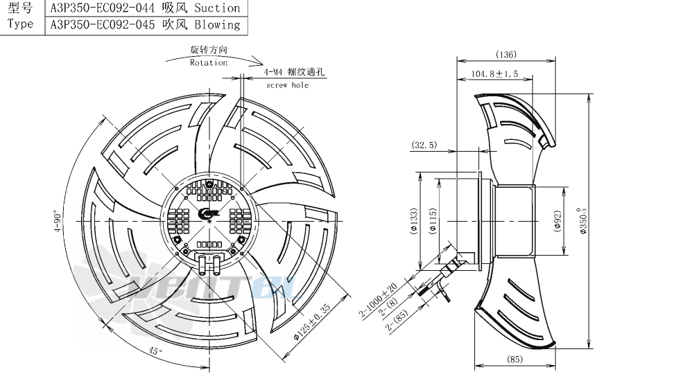 Габаритные размеры AFL A3P350-EC092-044 0.17 кВт осевой EC