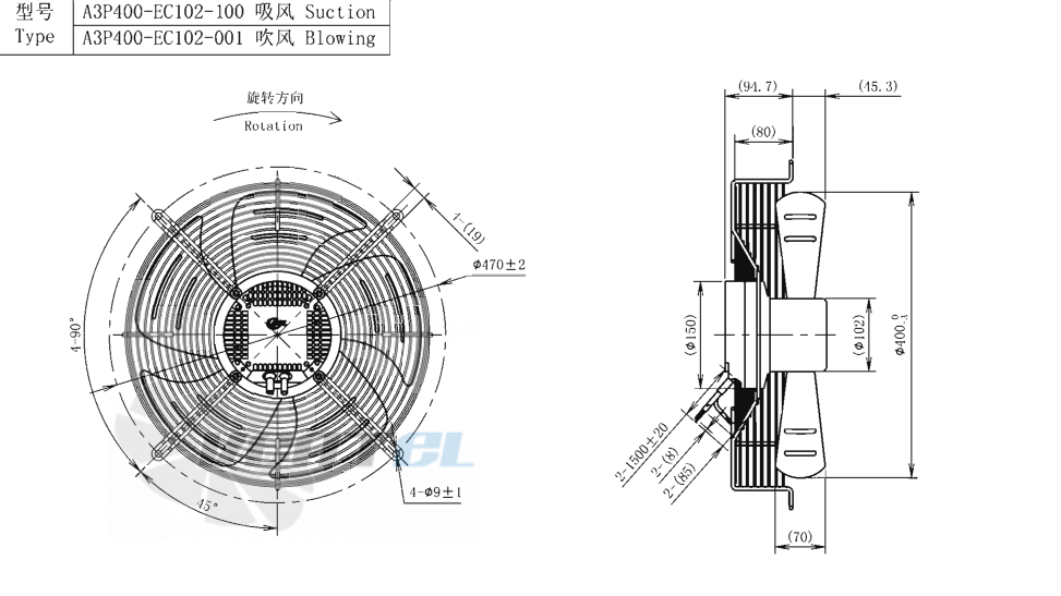 Габаритные размеры AFL A3P400-EC102-100 0.31 кВт осевой EC