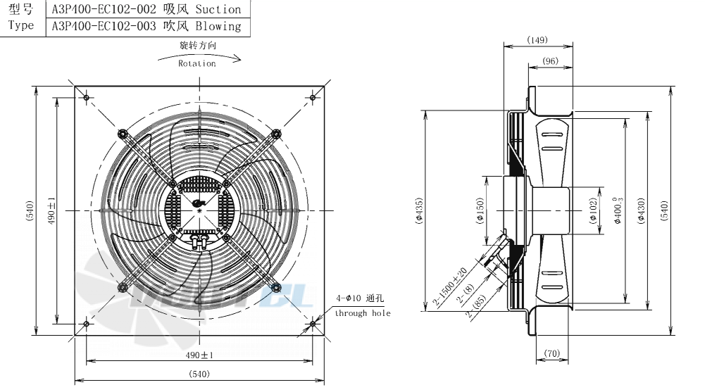 Габаритные размеры AFL A3P400-EC102-002 0.31 кВт осевой EC