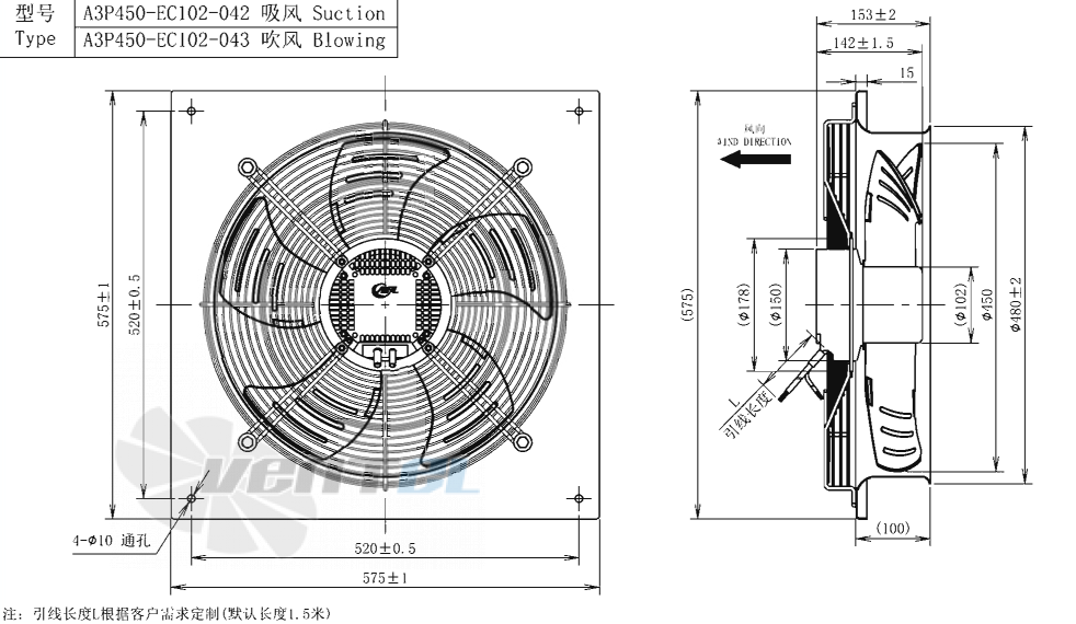 Габаритные размеры AFL A3P450-EC102-043 0.42 кВт осевой EC