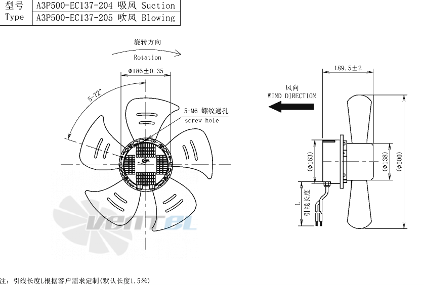 Габаритные размеры AFL A3P500-EC137-204 0.6 кВт осевой EC