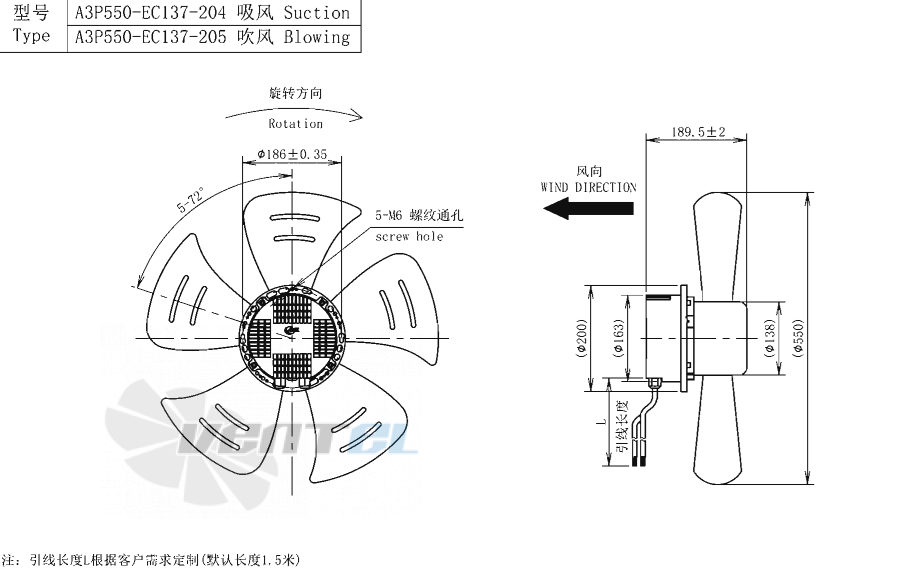 Габаритные размеры AFL A3P550-EC137-204 0.55 кВт осевой EC