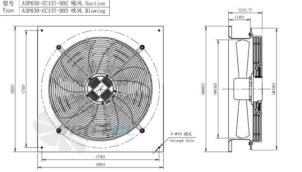Габаритные размеры AFL A3P630-EC137-002 0.8 кВт осевой EC