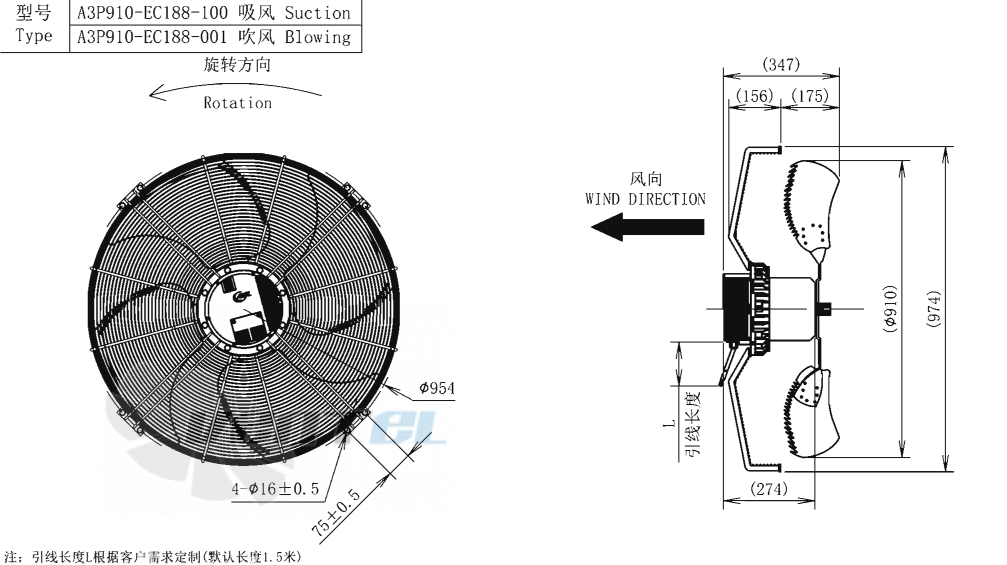 Габаритные размеры AFL A3P910-EC188-100 1.8 кВт осевой EC