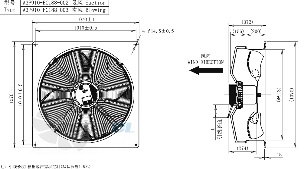 Габаритные размеры AFL A3P910-EC188-003 1.8 кВт осевой EC
