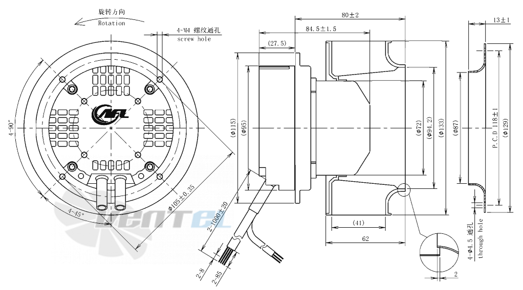 Габаритные размеры AFL B3P133-EC072-100 0.055 кВт