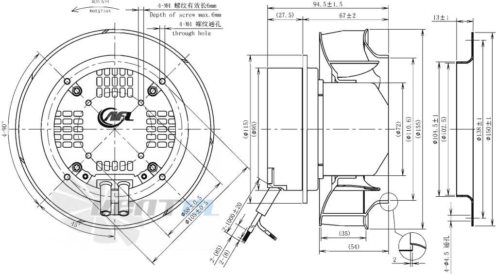 Габаритные размеры AFL B3P155-EC072-001 0.04 кВт