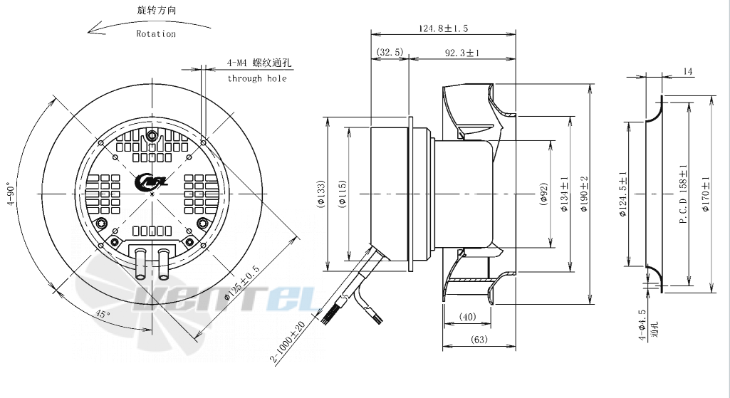Габаритные размеры AFL B3P190-EC092-009 0.18 кВт