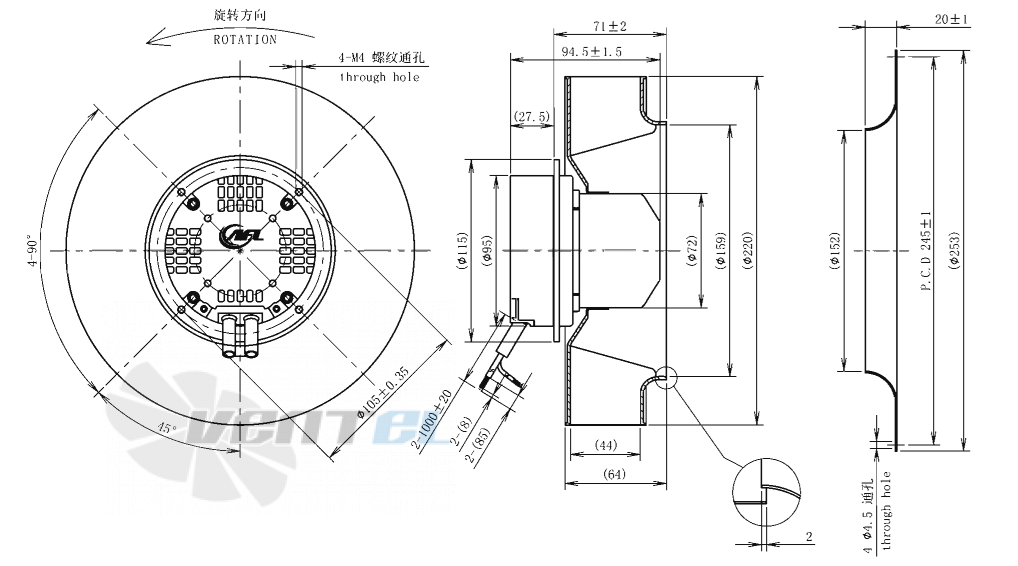Габаритные размеры AFL B3P220-EC072-100 0.07 кВт