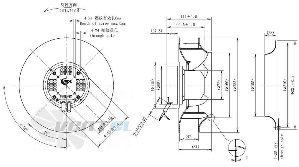 Габаритные размеры AFL B3P225-EC072-006 0.1 кВт