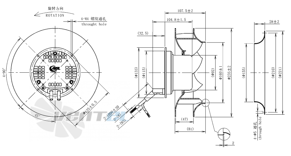 Габаритные размеры AFL B3P225-EC092-025 0.16 кВт