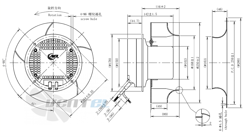 Габаритные размеры AFL B3P250-EC102-001 0.27 кВт