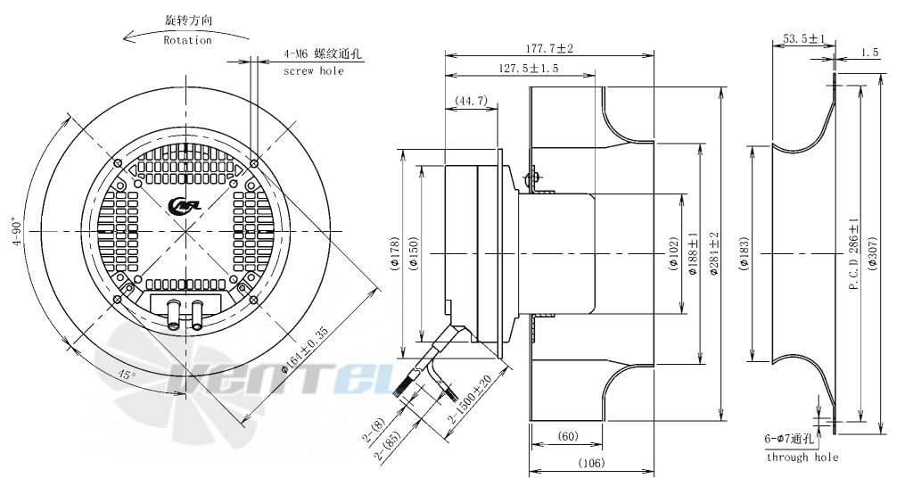 Габаритные размеры AFL B3P280-EC102-010 0.37 кВт