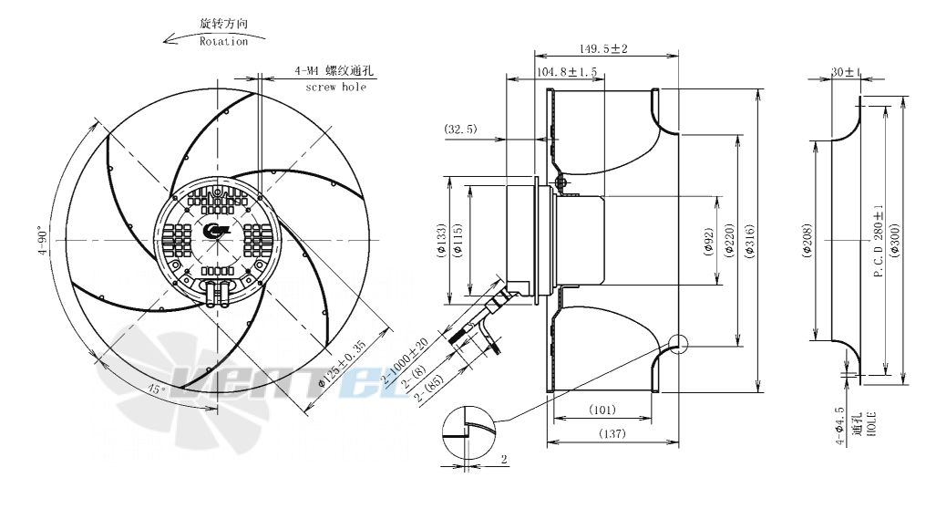Габаритные размеры AFL B3P310-EC092-001 0.17 кВт