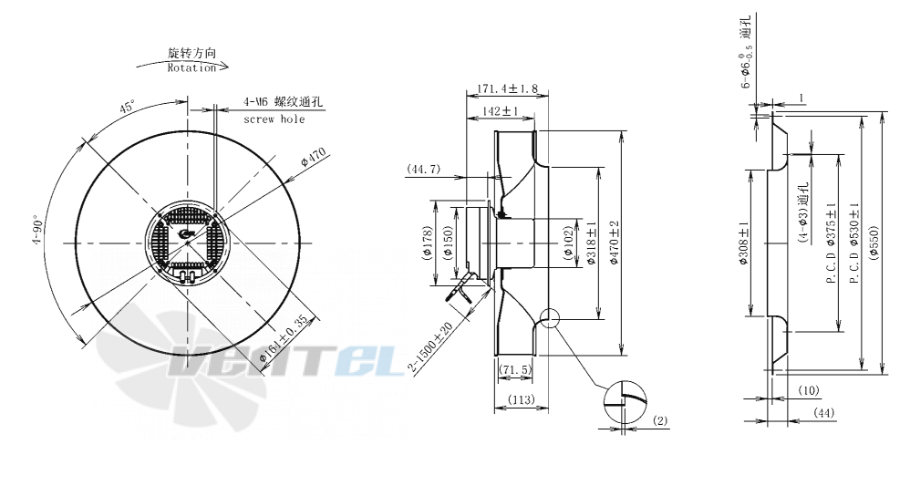 Габаритные размеры AFL B3P470-EC102-017 0.22 кВт