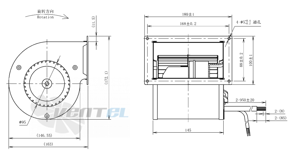 Габаритные размеры AFL F3P120-EC072-010 0.07 кВт с вперед загнутыми лопатками EC