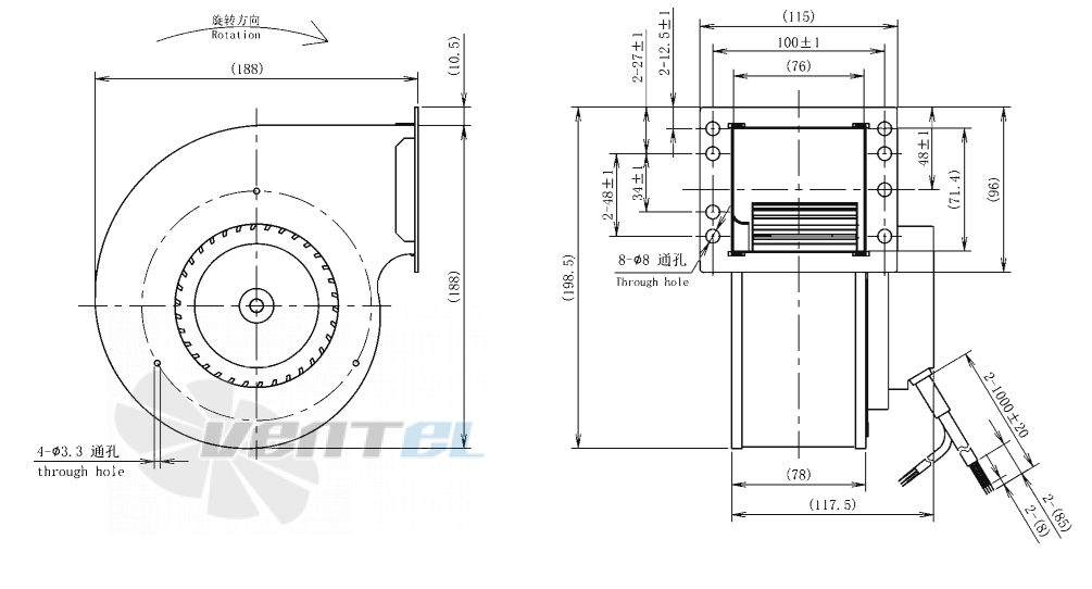 Габаритные размеры AFL F3P120-EC072-005 0.07 кВт с вперед загнутыми лопатками EC