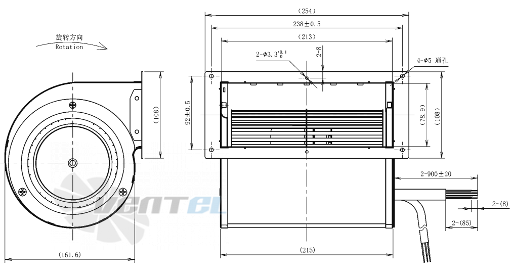 Габаритные размеры AFL F3P133-EC072-016 0.08 кВт с вперед загнутыми лопатками EC