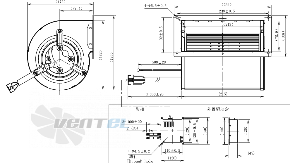 Габаритные размеры AFL F3P133-EC092-100 0.08 кВт с вперед загнутыми лопатками EC