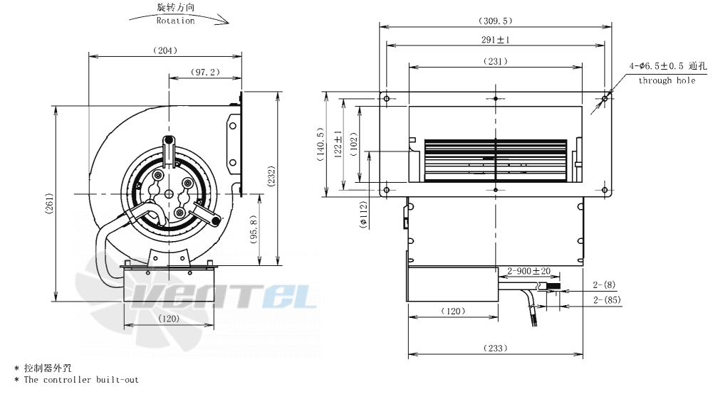 Габаритные размеры AFL F3P146-EC092-035 0.08 кВт с вперед загнутыми лопатками EC