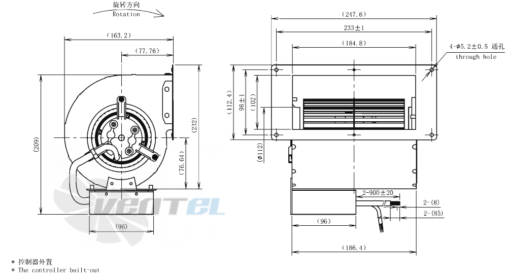Габаритные размеры AFL F3P146-EC092-057 0.16 кВт с вперед загнутыми лопатками EC