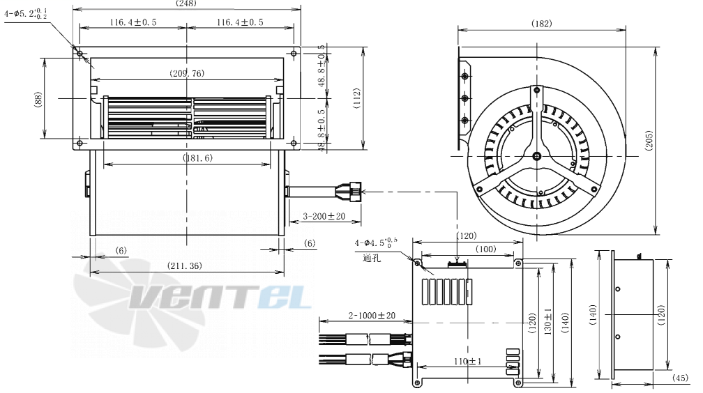 Габаритные размеры AFL F3P160-EC092-064 0.12 кВт с вперед загнутыми лопатками EC