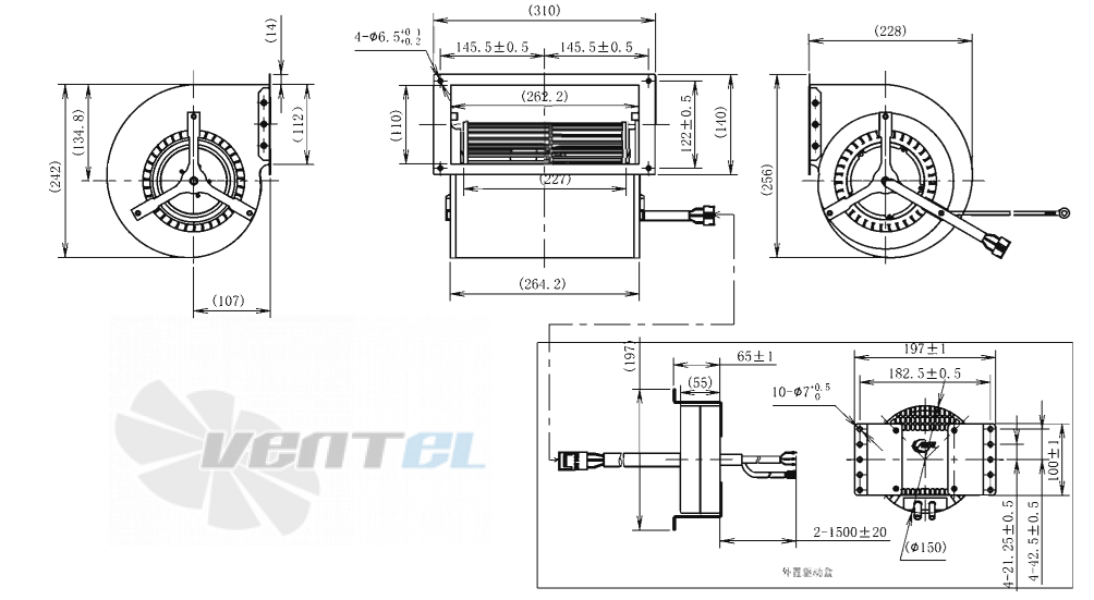 Габаритные размеры AFL F3P160-EC092-900 0.4 кВт с вперед загнутыми лопатками EC