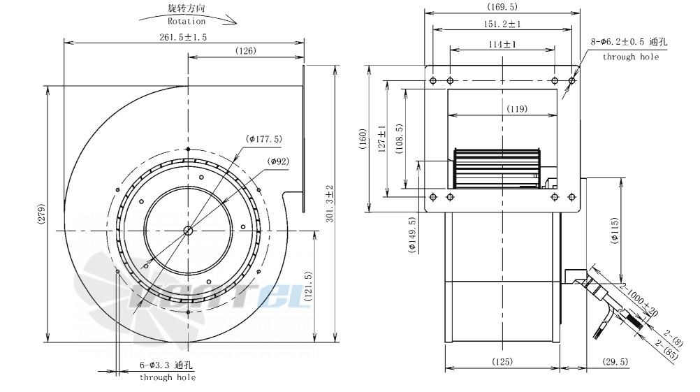 Габаритные размеры AFL F3P180-EC092-606 0.09 кВт с вперед загнутыми лопатками EC