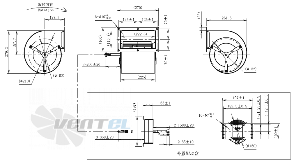 Габаритные размеры AFL F3P180-EC102-003 0.4 кВт с вперед загнутыми лопатками EC