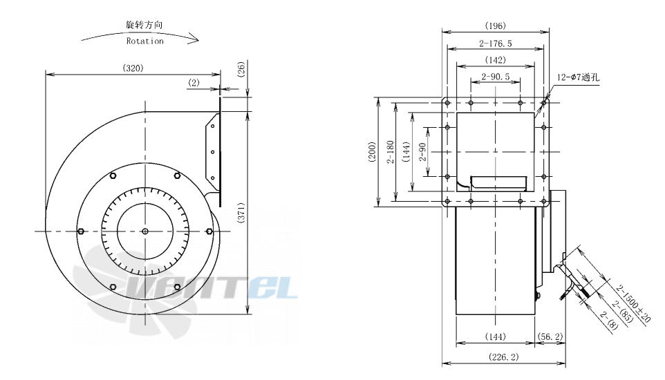 Габаритные размеры AFL F3P200-EC102-001 0.38 кВт с вперед загнутыми лопатками EC