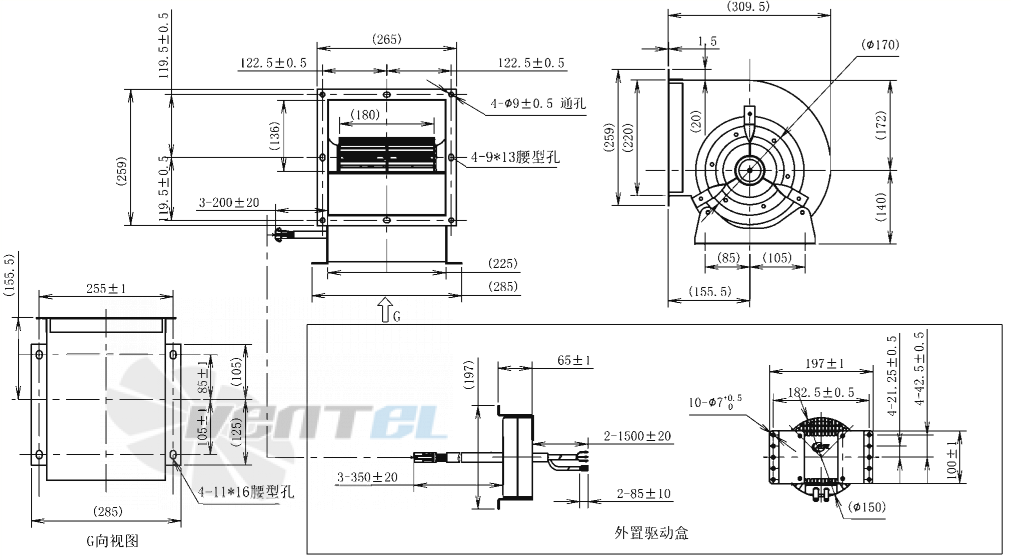 Габаритные размеры AFL F3P200-EC102-100 0.3 кВт с вперед загнутыми лопатками EC