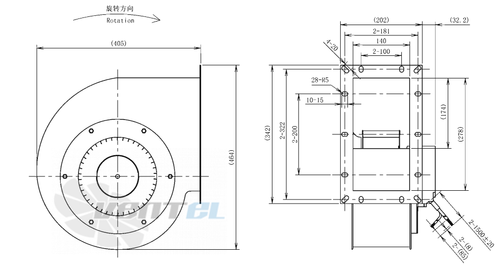 Габаритные размеры AFL F3P225-EC102-009 0.4 кВт с вперед загнутыми лопатками EC