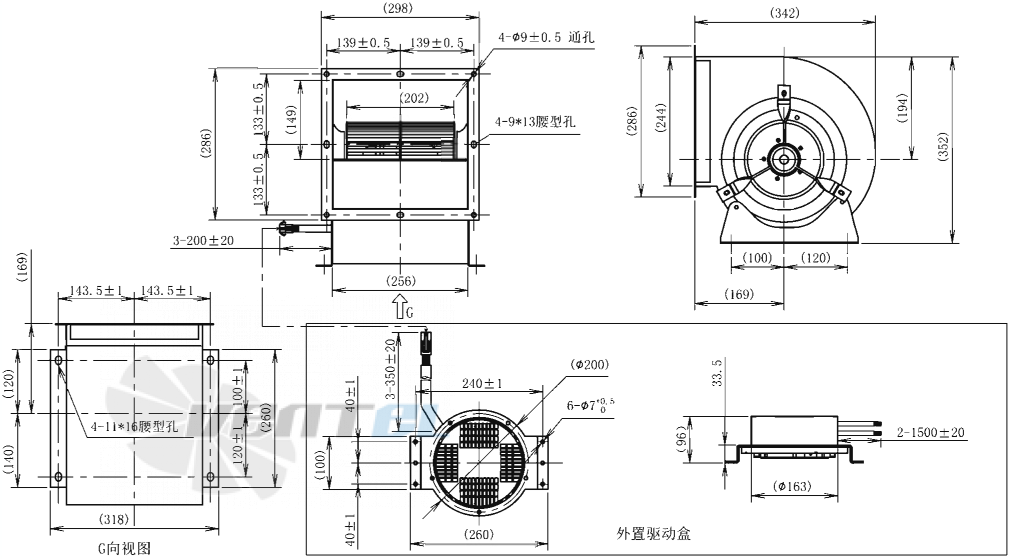 Габаритные размеры AFL F3P225-EC137-002 0.75 кВт с вперед загнутыми лопатками EC