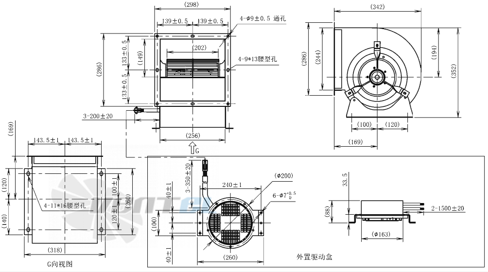 Габаритные размеры AFL F3P225-EC137-100 1 кВт с вперед загнутыми лопатками EC